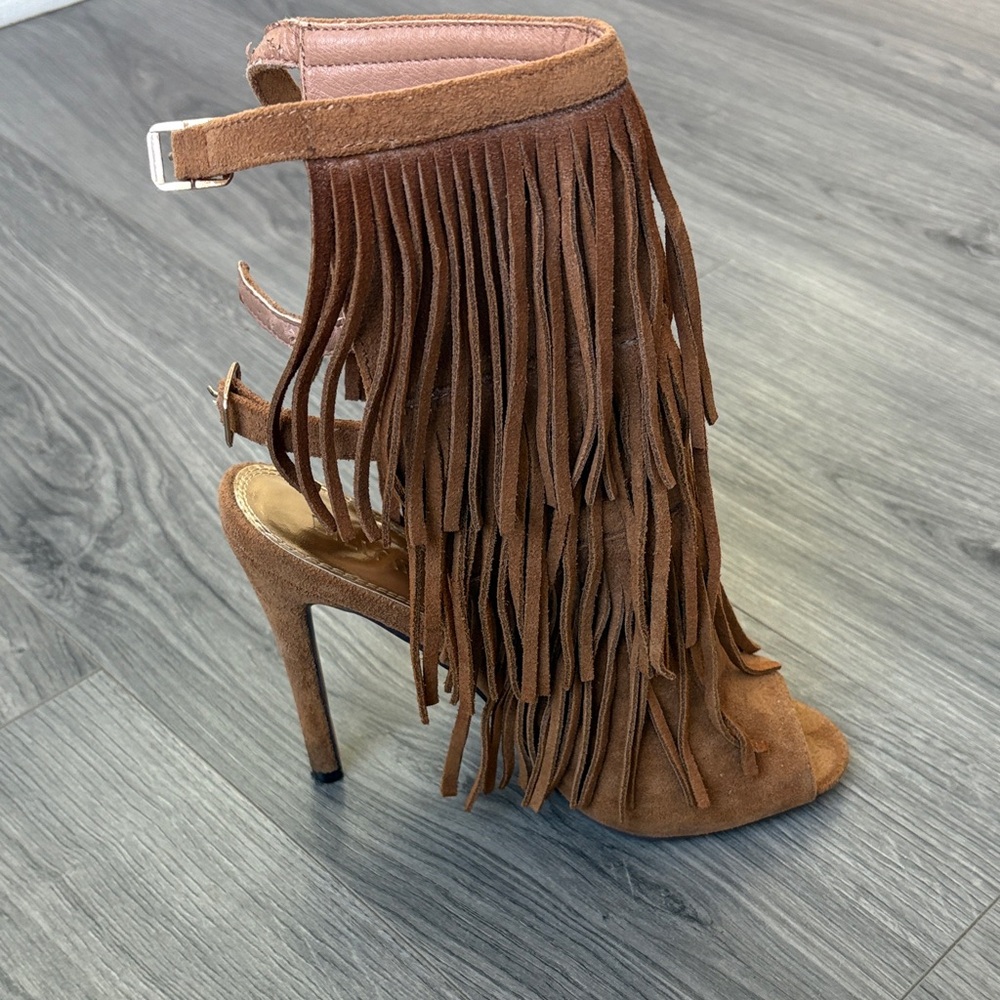 Liliana Women’s Fringe Suede Tan Heels - Picture 2 of 5